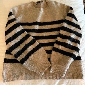 Karen Kane Beige and Black Striped Crewneck Sweater